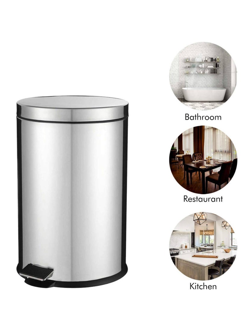 12L Kitchen Pedal Trash Bin | Stainless Steel Rubbish Bin with Soft Close Lid, Foot Pedal, Flat Lid & Strong Plastic Inner Bucket | Fingerprint Proof & Rust Resistant |Odor Free & Hygienic