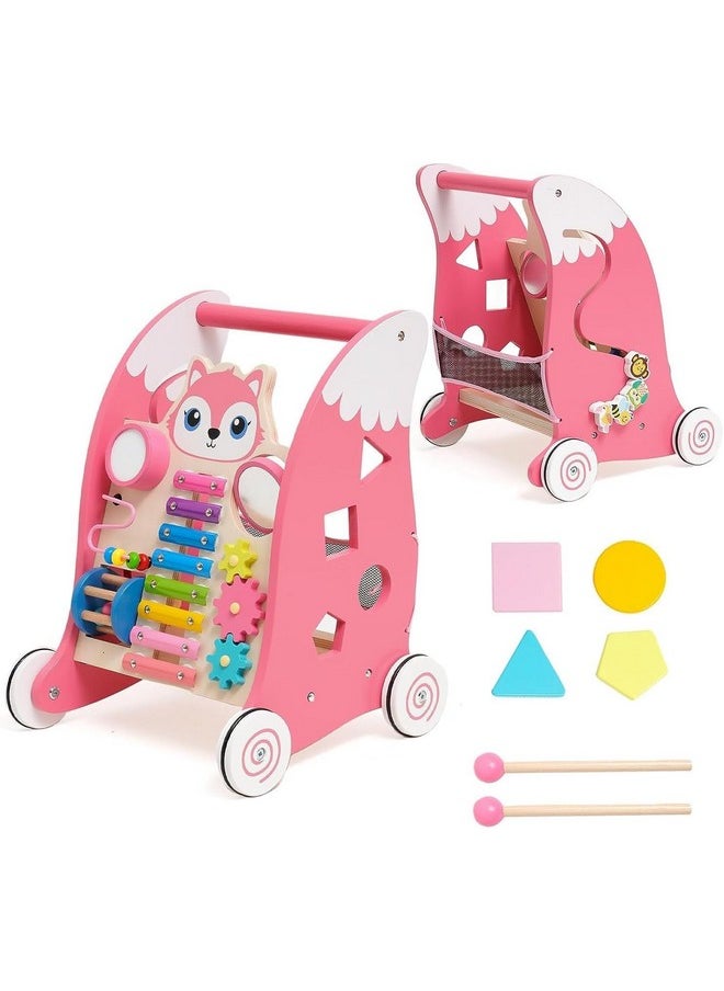 Wooden Baby Walker Baby Push Walker With Multiple Entertainment Activity Center, Sit-To-Stand Learning Baby Walkers For 9M+ Boys Girls Infants