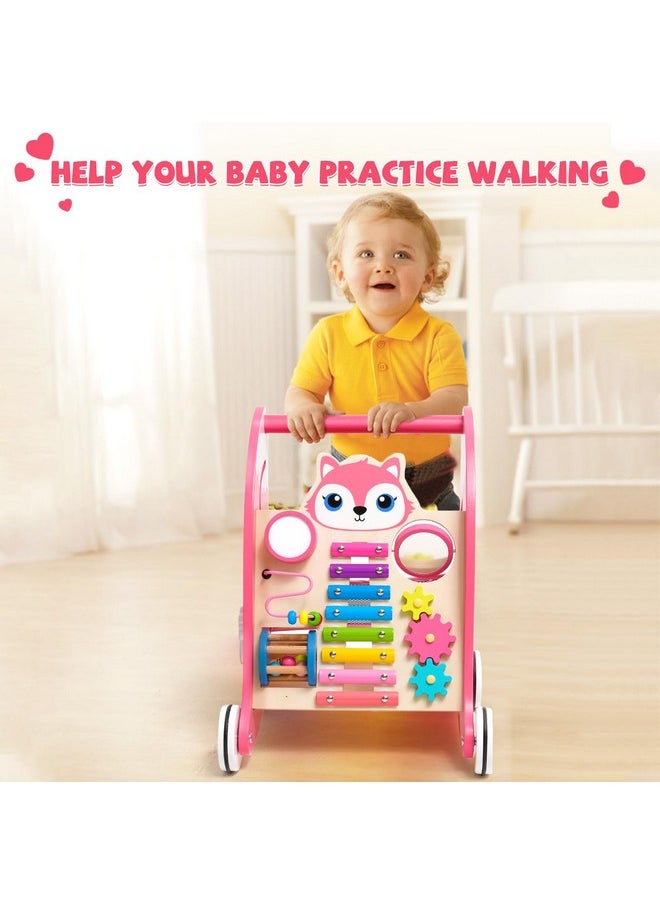 Wooden Baby Walker Baby Push Walker With Multiple Entertainment Activity Center, Sit-To-Stand Learning Baby Walkers For 9M+ Boys Girls Infants