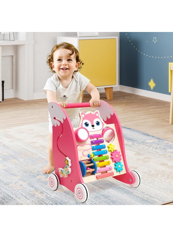 Wooden Baby Walker Baby Push Walker With Multiple Entertainment Activity Center, Sit-To-Stand Learning Baby Walkers For 9M+ Boys Girls Infants