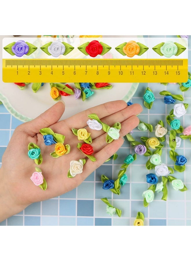 200Pcs Mini Ribbon Roses For Crafts, Artificial Fabric Flowers For Sewing Tiny Satin Ribbon Rose Flowers With Leaves Flower Fake Rosettes Applique Bulk For Diy Wedding Party Decor 10 Colors