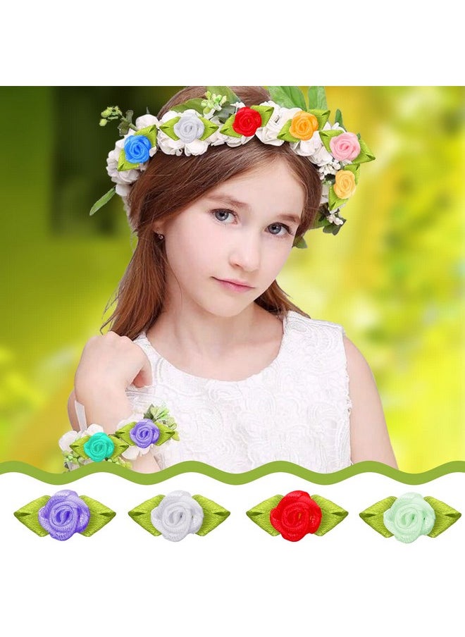200Pcs Mini Ribbon Roses For Crafts, Artificial Fabric Flowers For Sewing Tiny Satin Ribbon Rose Flowers With Leaves Flower Fake Rosettes Applique Bulk For Diy Wedding Party Decor 10 Colors