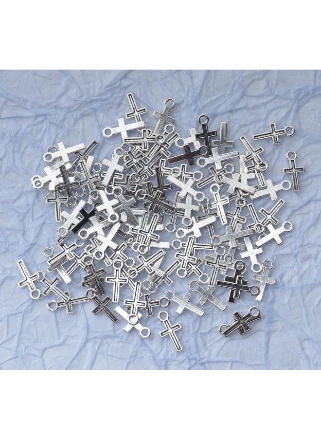 100 Pcs Mini Cross Charm Silver Gold 16 X 8 Mm Alloy Vintage Peace Crucifix Pendants Beads For Diy Jewelry Making Kits Crafting Finding Bracelet Necklace (Silver)