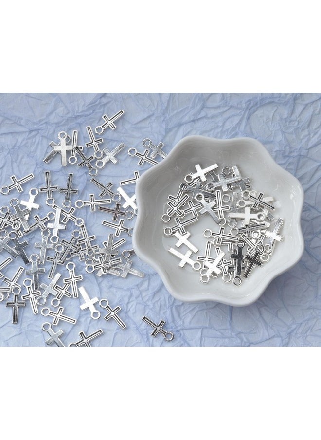 100 Pcs Mini Cross Charm Silver Gold 16 X 8 Mm Alloy Vintage Peace Crucifix Pendants Beads For Diy Jewelry Making Kits Crafting Finding Bracelet Necklace (Silver)