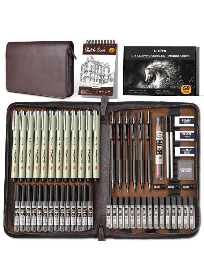 58Pcs Art Drawing Supplies Kit In Leather Case, Mp1000 Black Metal Mechanical Pencil Set With Drafting Pencil 0.5, 0.7, 0.9 & 2Mm, 12 Micron Pen, Sketch Book, 30 Tube Lead Refills For Sketching