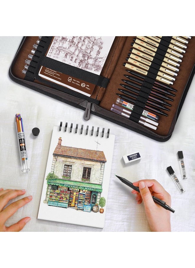 58Pcs Art Drawing Supplies Kit In Leather Case, Mp1000 Black Metal Mechanical Pencil Set With Drafting Pencil 0.5, 0.7, 0.9 & 2Mm, 12 Micron Pen, Sketch Book, 30 Tube Lead Refills For Sketching