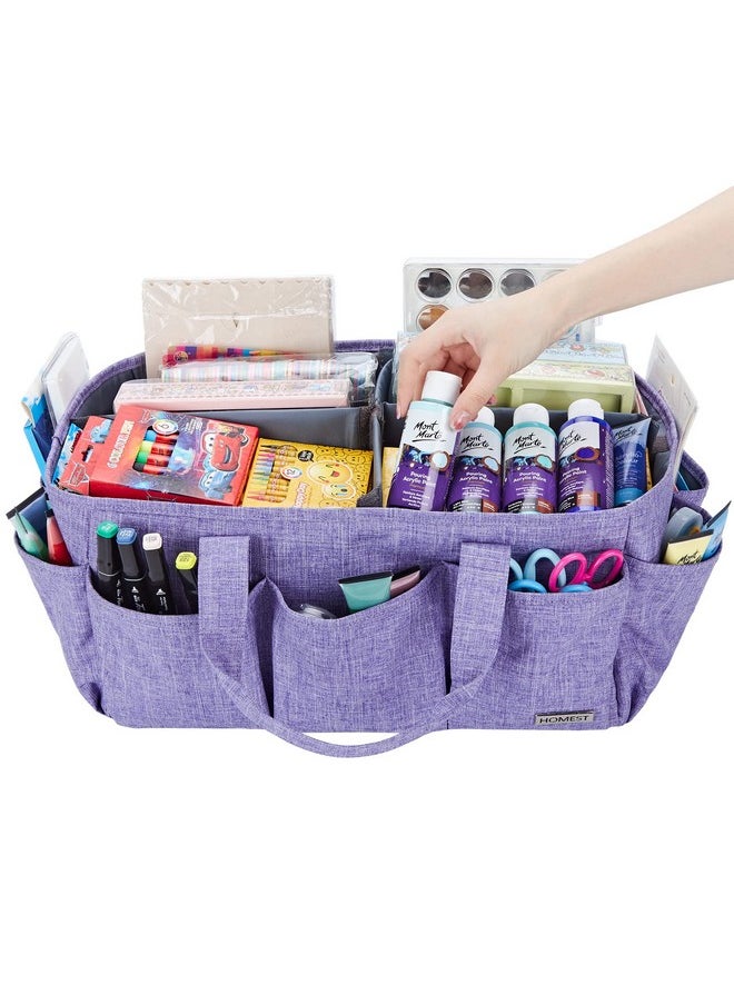 Craft Organizer Tote Bag With Multiple Pockets, Storage Art Caddy For Scrapbooking, Crafts Supply Carrier For Tools, Purple