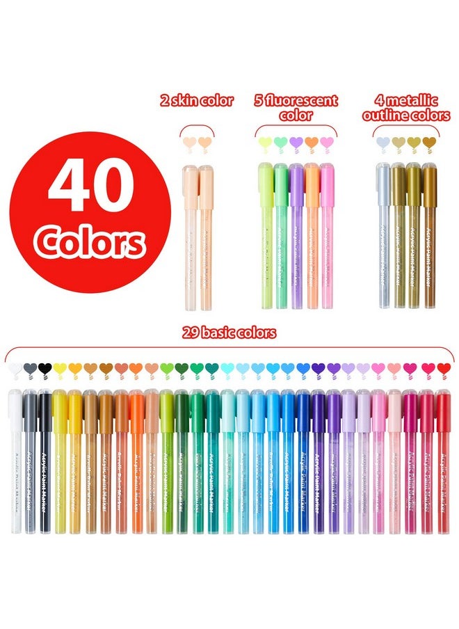 40 Colors Acrylic Paint Pens: Acrylic Paint Markers For Easter Eggs Rock Painting Diy Water-Based Paint Markers For Stone Wood Glass Ceramic Fabric Canvas Plastic Metal