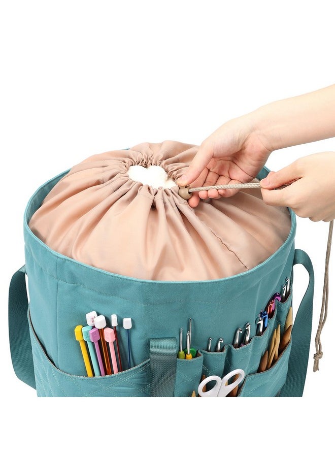 Tote Crochet Bag, Yarn Storage Organizer, Knitting Bag With Custom Front Pockets For Crochet Hooks, Knitting Needles And Crochet Accessories, Turquoise