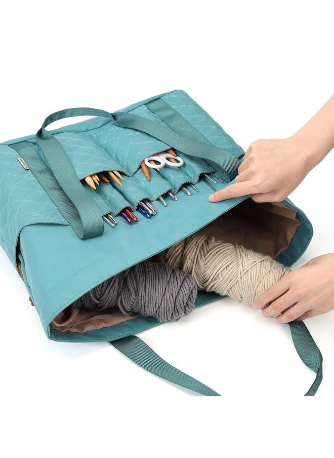 Tote Crochet Bag, Yarn Storage Organizer, Knitting Bag With Custom Front Pockets For Crochet Hooks, Knitting Needles And Crochet Accessories, Turquoise