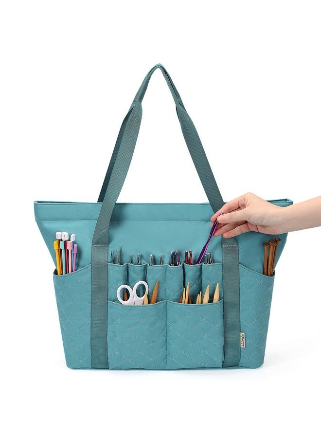 Tote Crochet Bag, Yarn Storage Organizer, Knitting Bag With Custom Front Pockets For Crochet Hooks, Knitting Needles And Crochet Accessories, Turquoise