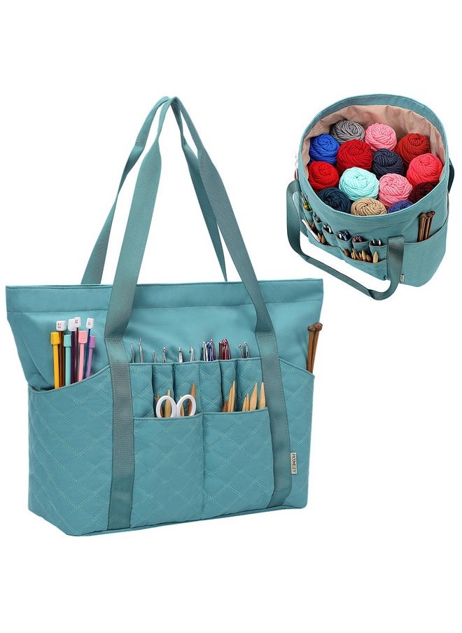 Tote Crochet Bag, Yarn Storage Organizer, Knitting Bag With Custom Front Pockets For Crochet Hooks, Knitting Needles And Crochet Accessories, Turquoise