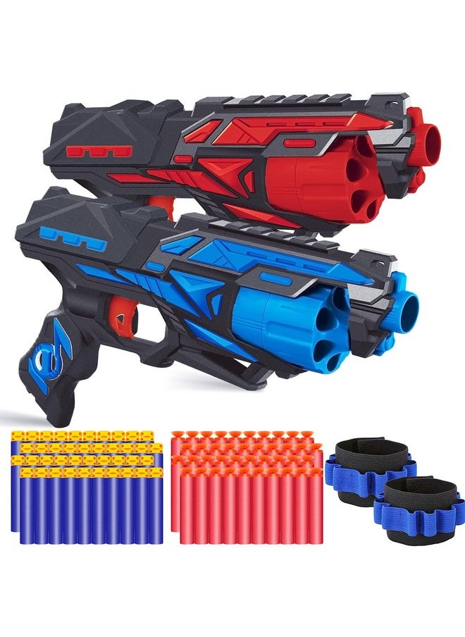 2 Pack Blaster Toy Guns For Boys Fit For Nerf Guns Darts, 6-Dart Rotating Barrel Foam Bullets Hand Gun Toys With 80 Refill Darts And 2 Wristbands Gifts For 6 7 8 9 10 Years Kids Christmas