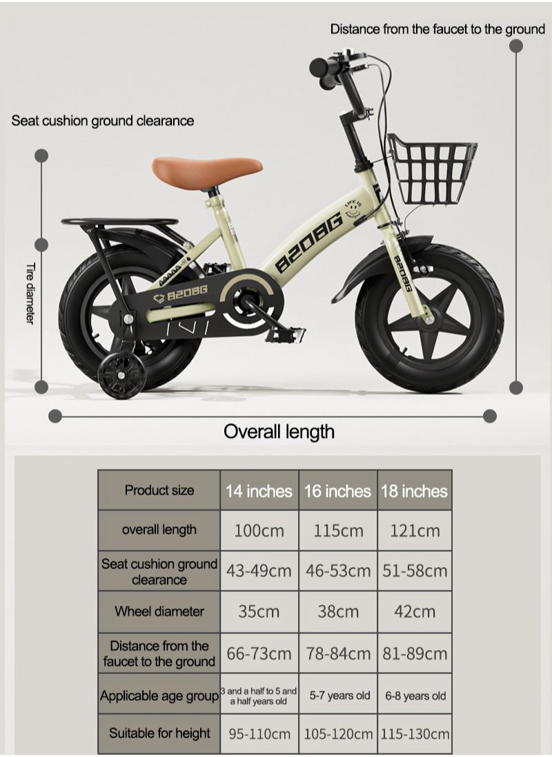 14 Inch Kids Bike High Carbon Steel Kids' Bike Children's Bicycle For 6-8 Years Old Girls And Boys With Training Wheels With Basket Wear-Resistant Tires Sensitive Brakes Safe and Stable