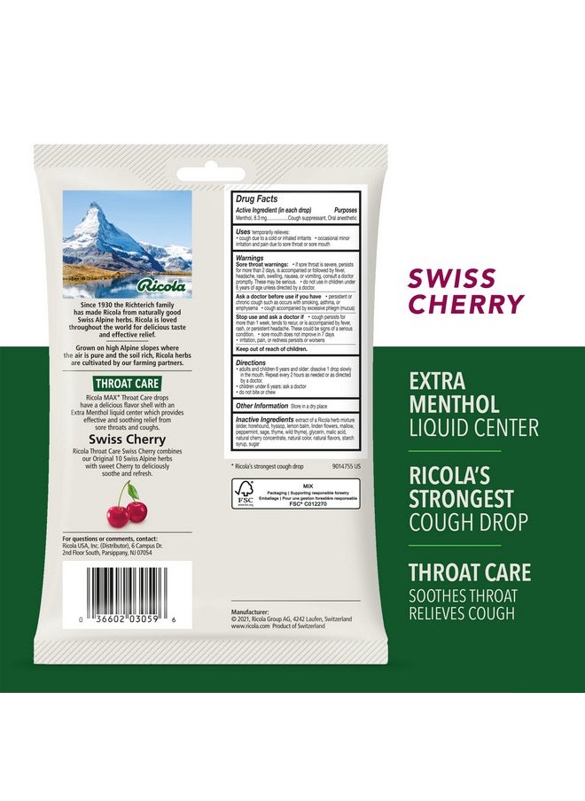 Max Swiss Cherry Throat Care Large Bag | Cough Suppressant Drops | Dual Action Liquid Center | Soothing Long-Lasting Relief - 34 Count (Pack Of 1)