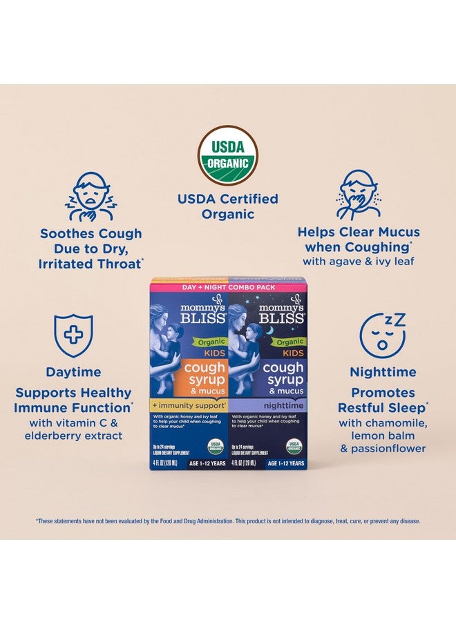 Organic Cough Syrup & Mucus For Kids, Day And Night Combo Pack With Vitamin C And Immunity Support, Contains Organic Honey And Ivy Leaf, 4 Fluid Ounces (2 Bottles)