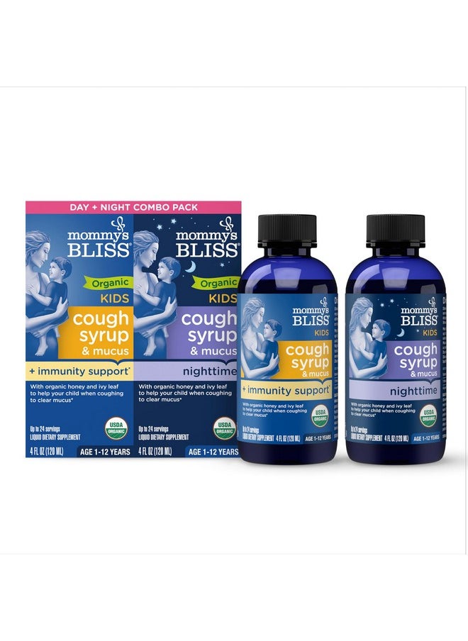 Organic Cough Syrup & Mucus For Kids, Day And Night Combo Pack With Vitamin C And Immunity Support, Contains Organic Honey And Ivy Leaf, 4 Fluid Ounces (2 Bottles)