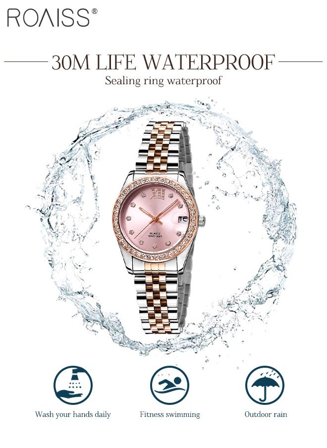 Women's Steel Band Quartz Watch, Analog Display Round Pink Dial with Diamonds Decoration, Waterproof Luxurious Fashion Wristwatch as Gift for Ladies