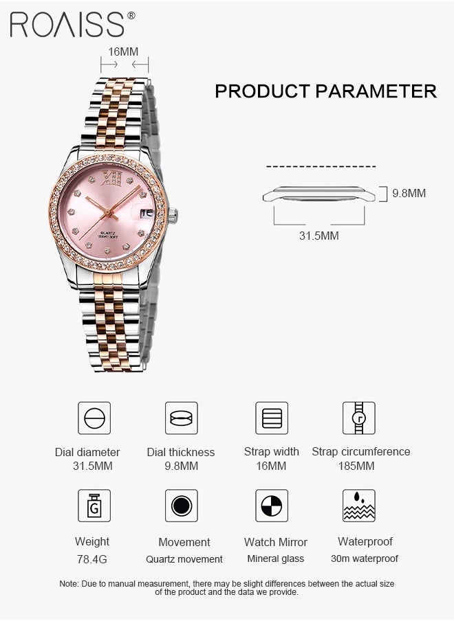 Women's Steel Band Quartz Watch, Analog Display Round Pink Dial with Diamonds Decoration, Waterproof Luxurious Fashion Wristwatch as Gift for Ladies