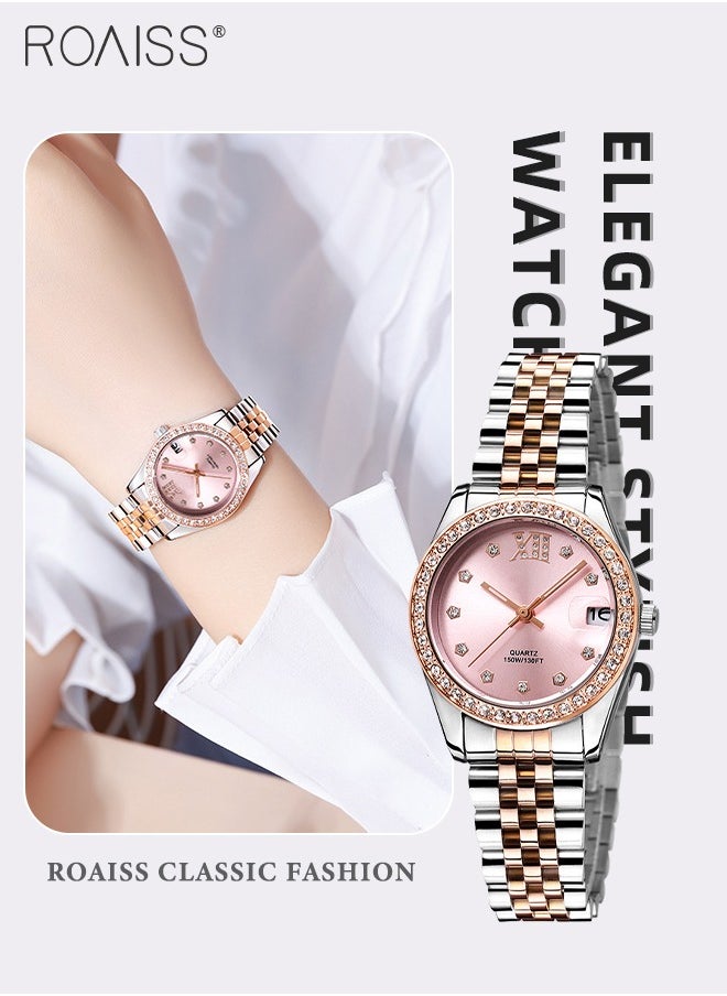 Women's Steel Band Quartz Watch, Analog Display Round Pink Dial with Diamonds Decoration, Waterproof Luxurious Fashion Wristwatch as Gift for Ladies