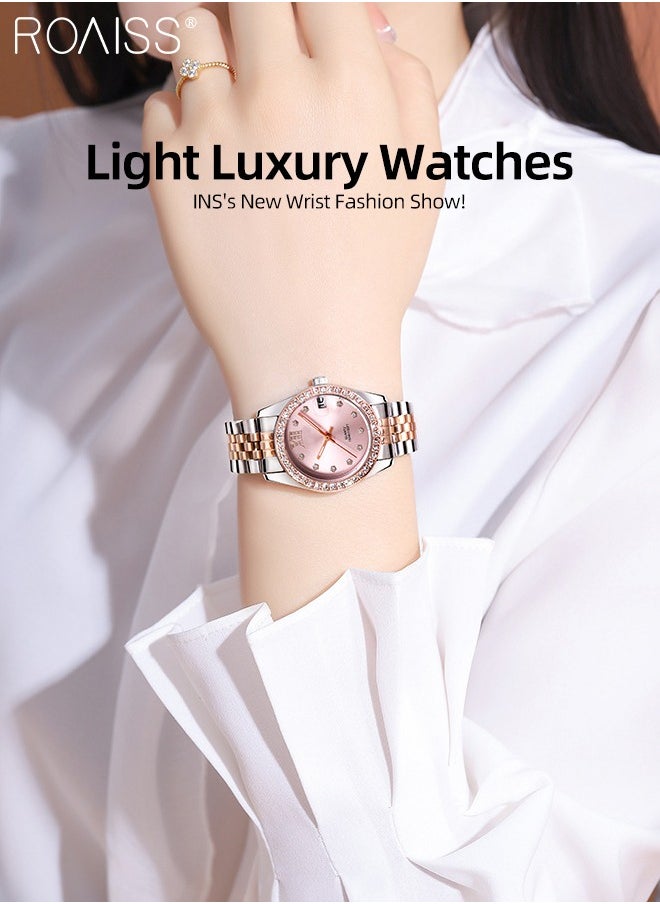 Women's Steel Band Quartz Watch, Analog Display Round Pink Dial with Diamonds Decoration, Waterproof Luxurious Fashion Wristwatch as Gift for Ladies