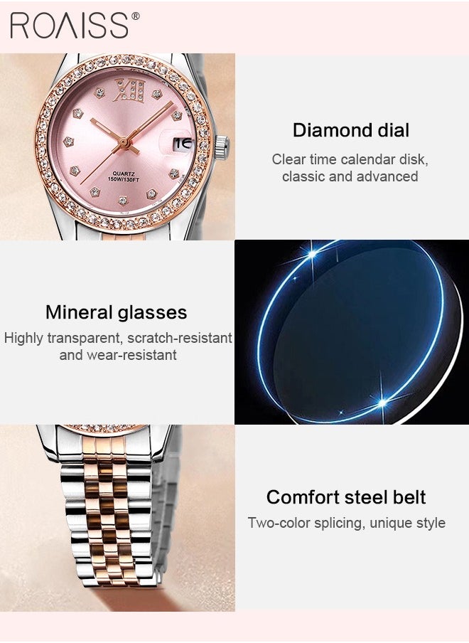 Women's Steel Band Quartz Watch, Analog Display Round Pink Dial with Diamonds Decoration, Waterproof Luxurious Fashion Wristwatch as Gift for Ladies