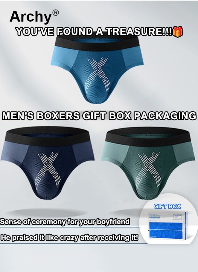 3 Pcs Men's Cross Pattern Stretch Elastic Soft Breathable Briefs Multicolor Set Gift Box Package Panties Multicolor Set Summer Briefs Modal Graphene Breathable Briefs