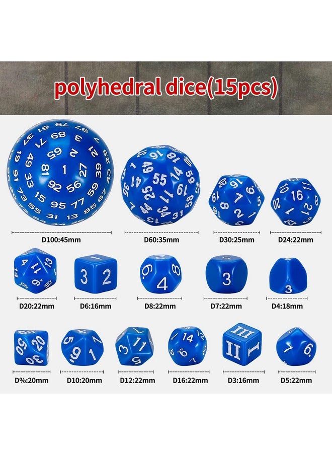 Dnd Polyhedral Dice Set (15Pcs) D4-D100 Game Dice With Dice Bag For Dungeons And Dragons Role Playing Table Games (Blue & White)