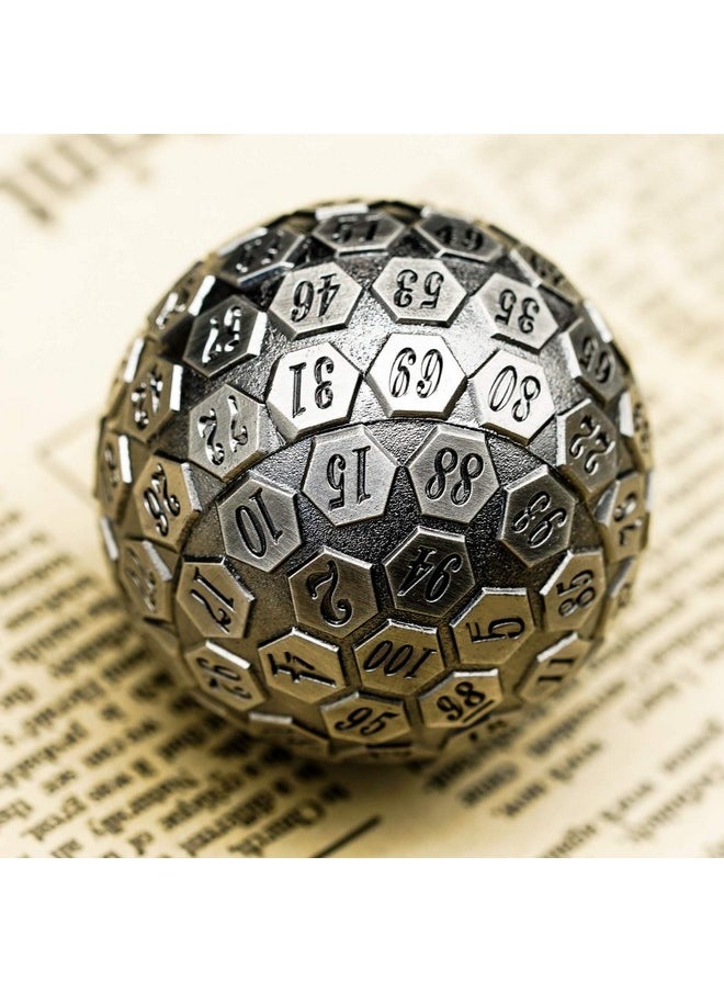 D100 Dnd Metal Dice, 100 Sided Giant Metal Dice, Single D100 Polyhedral Dice With Gift Box For Rpgs (Ancient Silver)