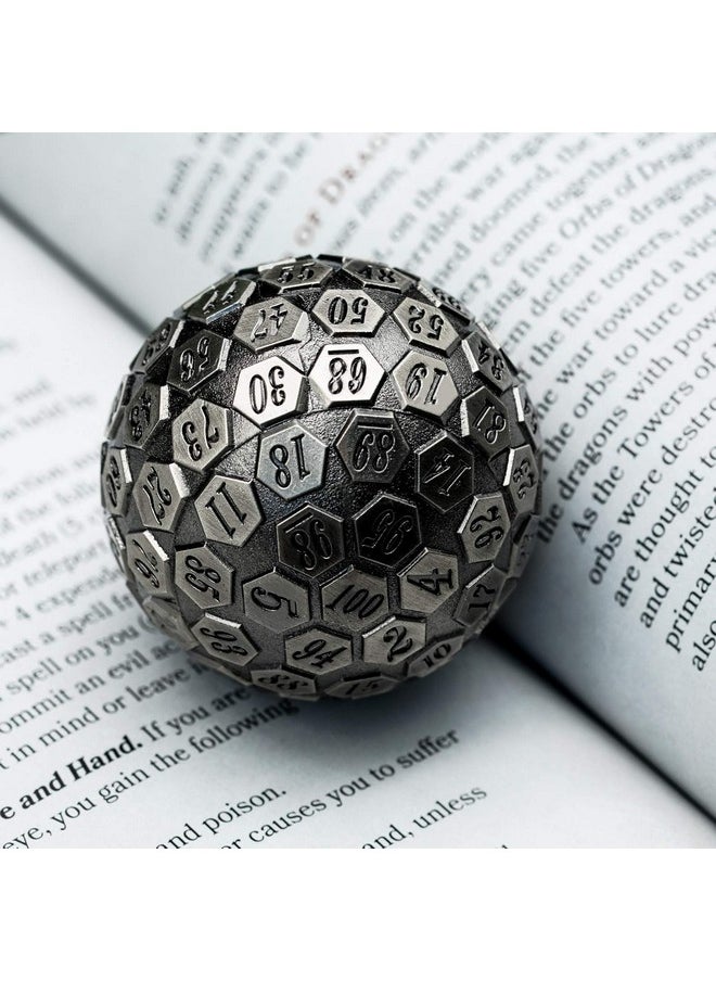D100 Dnd Metal Dice, 100 Sided Giant Metal Dice, Single D100 Polyhedral Dice With Gift Box For Rpgs (Ancient Silver)