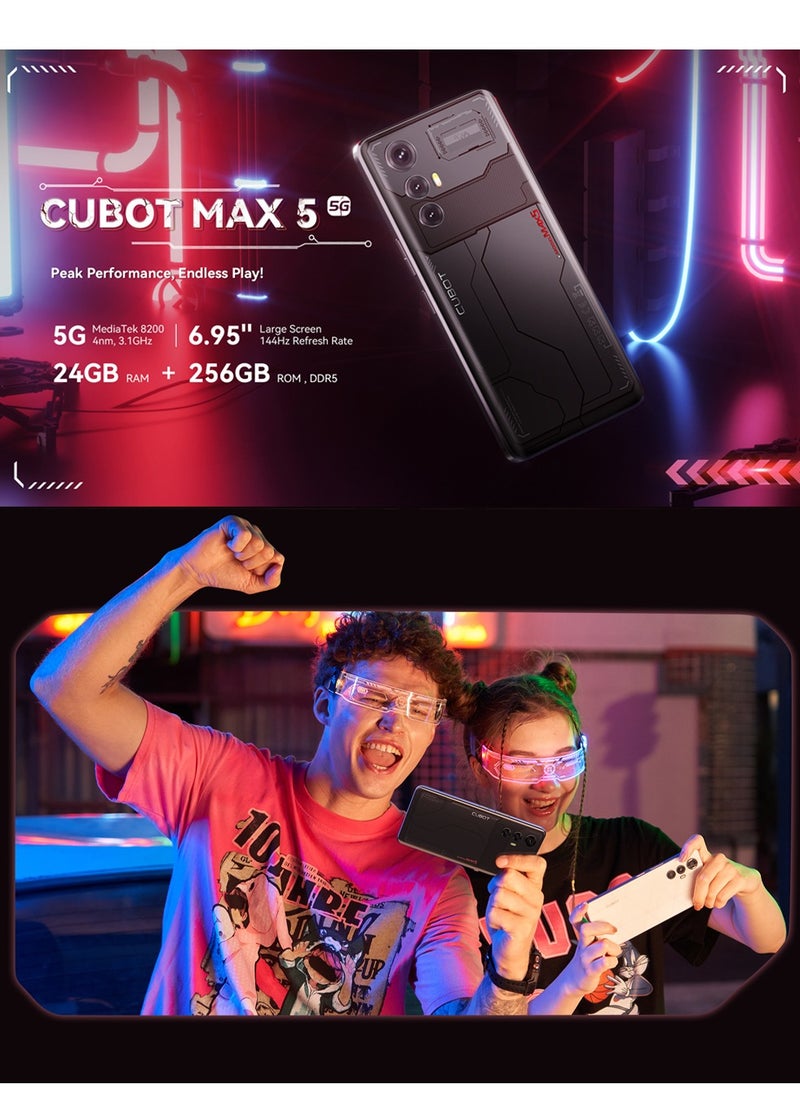 MAX 5 Smartphone 6.95-Inch FHD+ Display 5G Android 14 Octa-core Processor Game Mobile Phone 12GB RAM 256GB ROM 5100mAh Battery 100MP+32MP Camera Wi-Fi6 Dual SIM NFC TECH Black