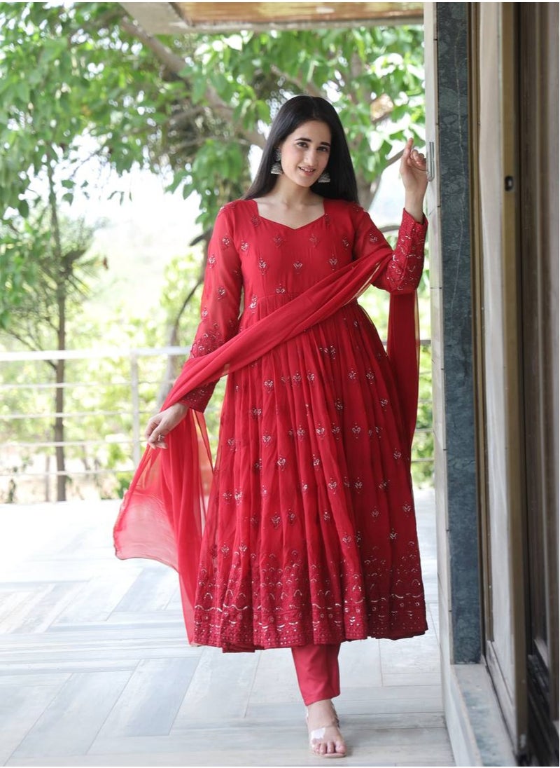 PREMIUM READYMADE DARK RED ANARKALI SUIT SET [3 PIS]