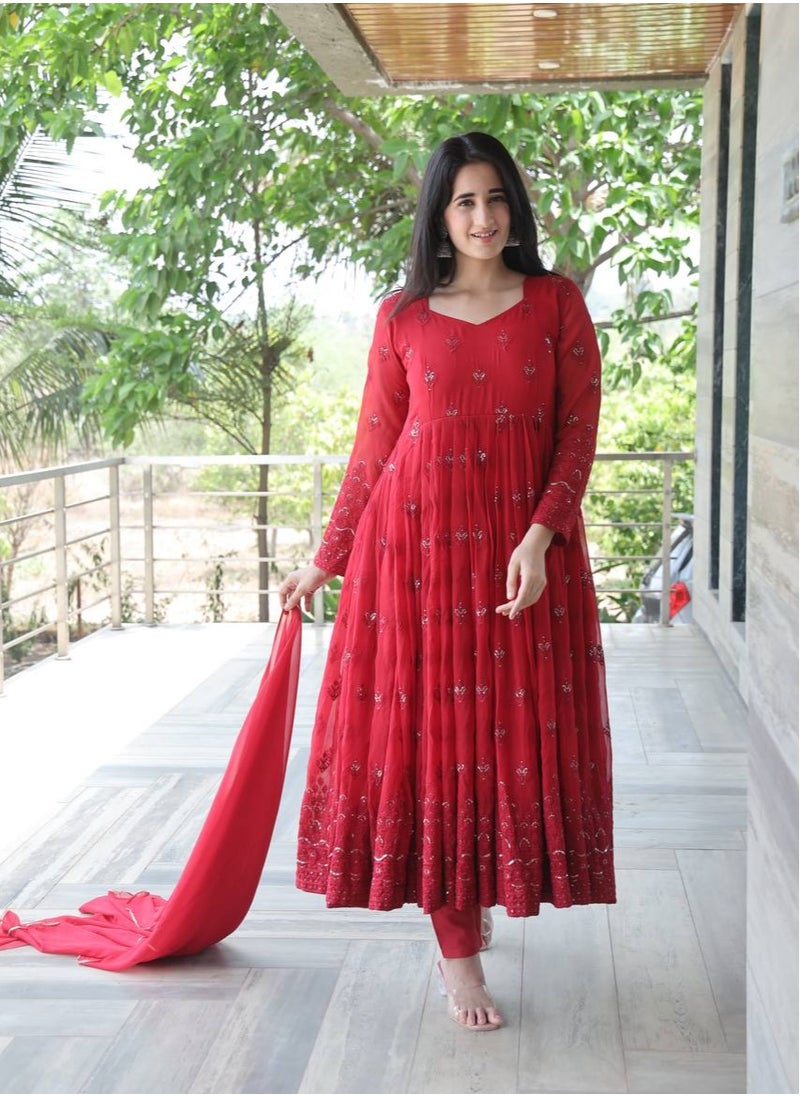 PREMIUM READYMADE DARK RED ANARKALI SUIT SET [3 PIS]