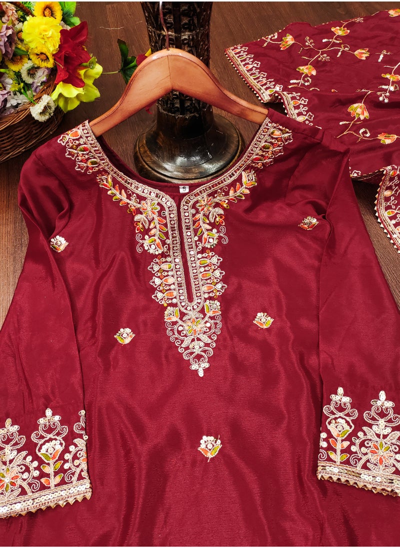 New Designer Embroidered Chinon Red Suit With Embroidered Work