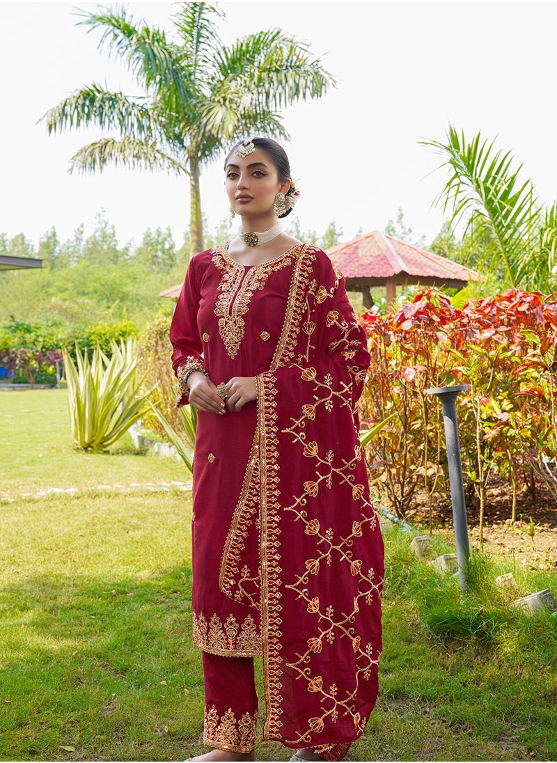 New Designer Embroidered Chinon Red Suit With Embroidered Work
