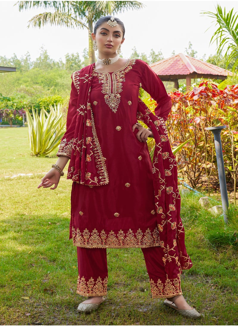 New Designer Embroidered Chinon Red Suit With Embroidered Work