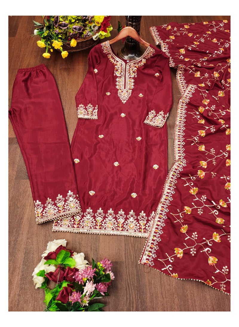 New Designer Embroidered Chinon Red Suit With Embroidered Work