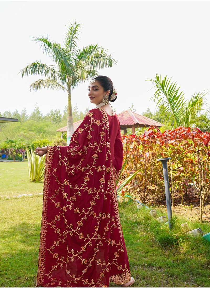 New Designer Embroidered Chinon Red Suit With Embroidered Work