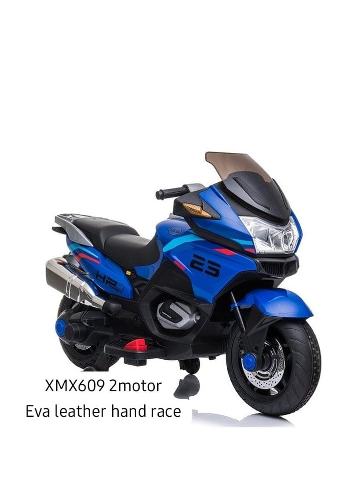 XMX609 Kids Ride-On Motorcycle - Blue Electric Bike with EVA Leather Handle and Dual Motors