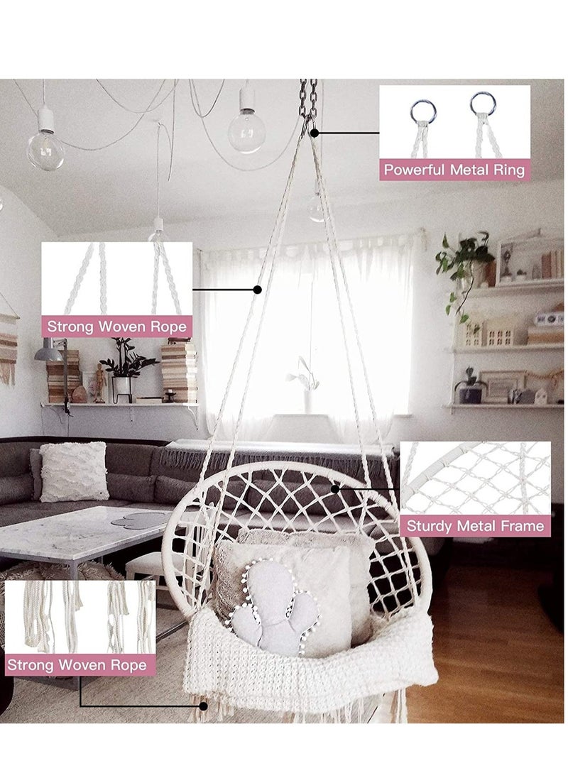 Nordic Style Round Hammock Swing Chair Safety Hanging Hammock Rope Hanging Garden Seat Beige Knitting Rope Swing Balcony Chair white