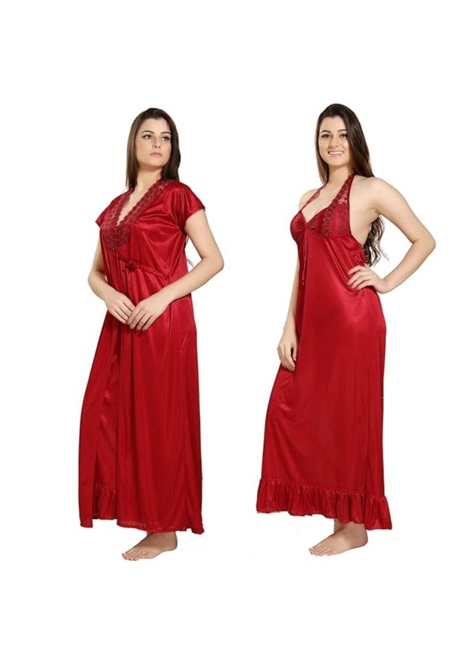 Accessorize Kingdom Women's Satin Solid Maxi Length ( Nightwear Set Pack of 2 )