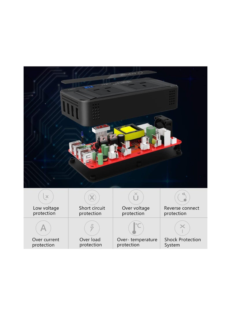 200W Power Inverter, DC 12V to 230V AC Car Power Inverter 4 USB Ports Charger Adapter Car Plug Converter with Switch, Current LCD Screen