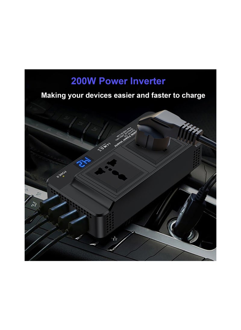 200W Power Inverter, DC 12V to 230V AC Car Power Inverter 4 USB Ports Charger Adapter Car Plug Converter with Switch, Current LCD Screen