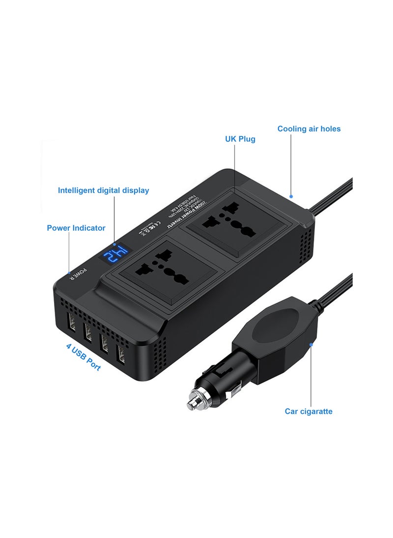 200W Power Inverter, DC 12V to 230V AC Car Power Inverter 4 USB Ports Charger Adapter Car Plug Converter with Switch, Current LCD Screen