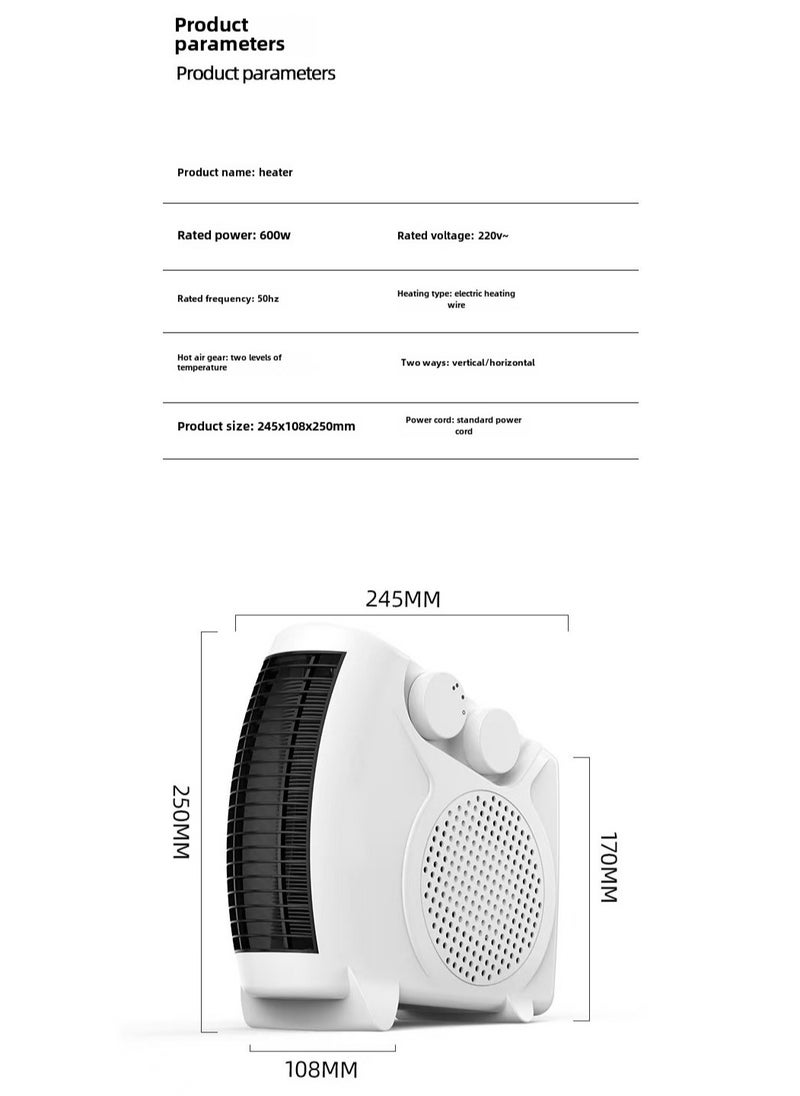 Electric Fan Heater 600 W, Space Heater For Home/Flat/Office, With 2 Heat Settings, Fan/Warm/Hot Function, Thermostat Control | Overheat Protection, Portable