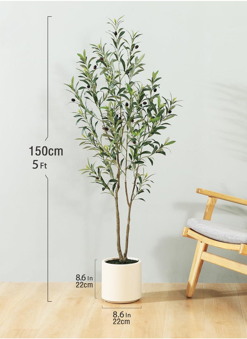 Artificial Olive Trees,150cm Tall Fake Olive Trees for Indoor, Faux Olive Silk Tree, Large Olive Plants with White Planter for Home Decor and Housewarming Gift, 1 Pack