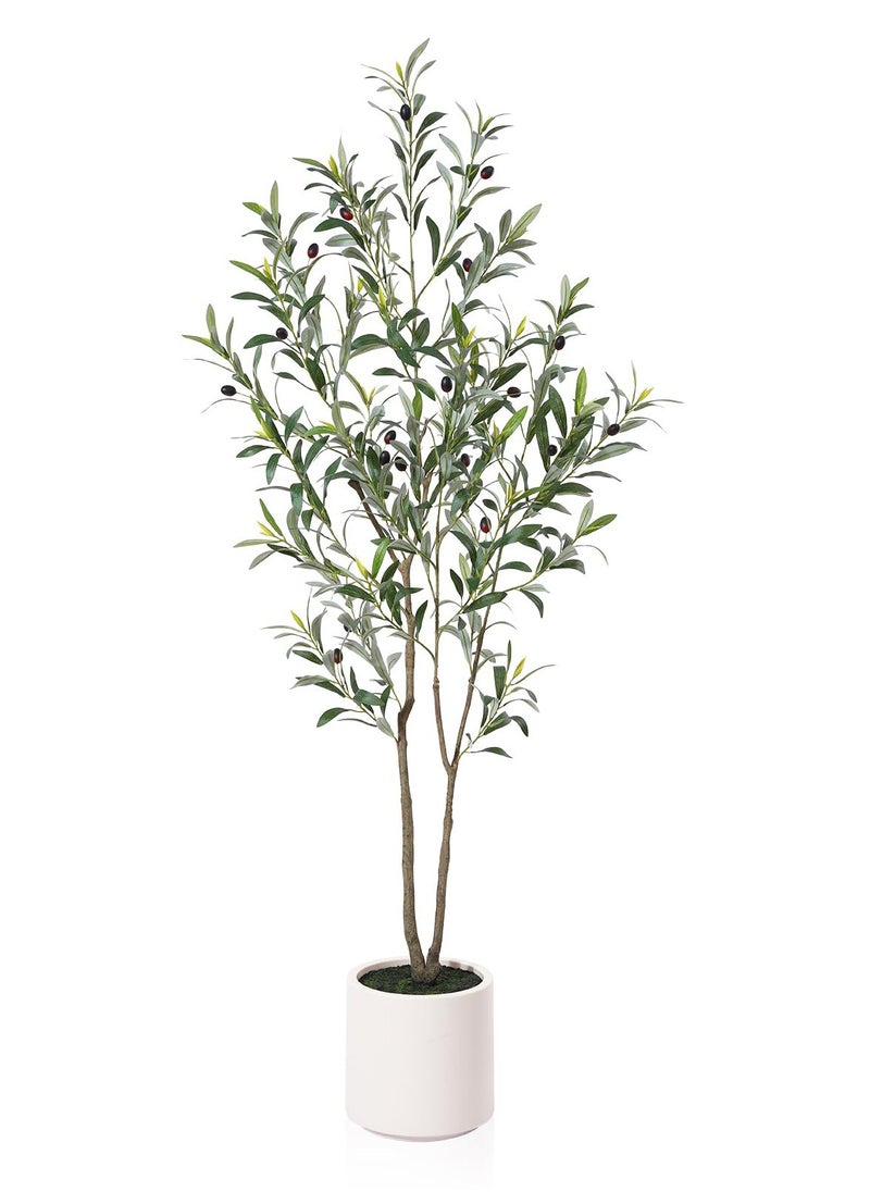 Artificial Olive Trees,150cm Tall Fake Olive Trees for Indoor, Faux Olive Silk Tree, Large Olive Plants with White Planter for Home Decor and Housewarming Gift, 1 Pack