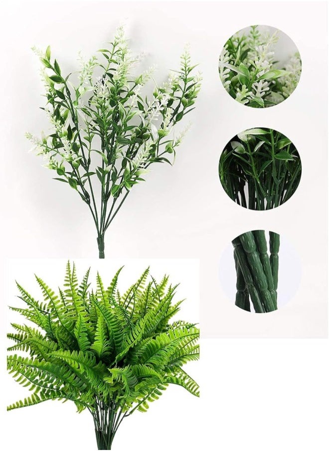 Artificial Plants, Fake Boston Fern Greenery Outdoor UV Resistant No Fade Faux Plastic Plants Garden Porch Window Box Decorating (White,8pcs)