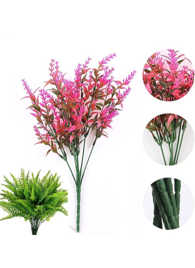 Artificial Plants, Fake Boston Fern Greenery Outdoor UV Resistant No Fade Faux Plastic Plants Garden Porch Window Box Decorating (Pink,12pcs)