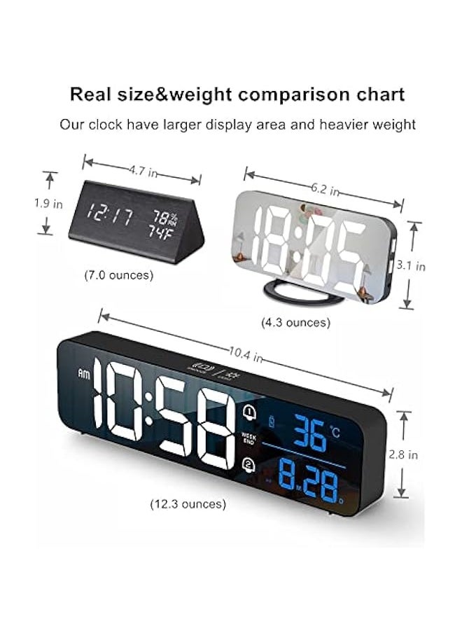Digital Clock, Digital Clock Large Display, LED Digital Alarm Clock for Living Room, Rechargeable, Sound-Activated, Snooze, Date &Temp Display Digital Wall Clock, for Bedroom Kitchen Office, Black
